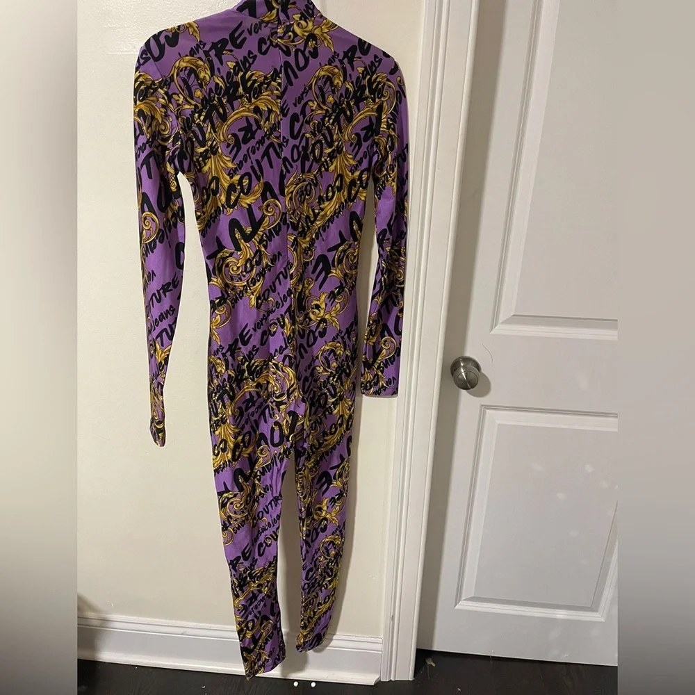 Versace Jeans Collection Purple & Gold Script Baroque Jumpsuit - Picture 2 of 4